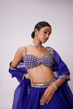 Load image into Gallery viewer, PERSIAN BLUE LINEAR MIRROR EMBROIDERED LEHENGA SET
