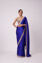 Load image into Gallery viewer, PERSIAN BLUE HAND EMBROIDERED SATIN SAREE SET
