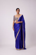 Load image into Gallery viewer, PERSIAN BLUE MIRROR EMBROIDERED SATIN SAREE SET
