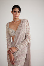 Load image into Gallery viewer, Ash Pink Chandelier Pearl Drop Saree Set
