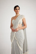 Load image into Gallery viewer, Powder Grey Chandelier Pearl Drop Saree Set
