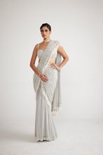Load image into Gallery viewer, Powder Grey Chandelier Pearl Drop Saree Set
