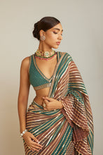 Load image into Gallery viewer, Pre Draped Mud Green Multicolor Saree Set
