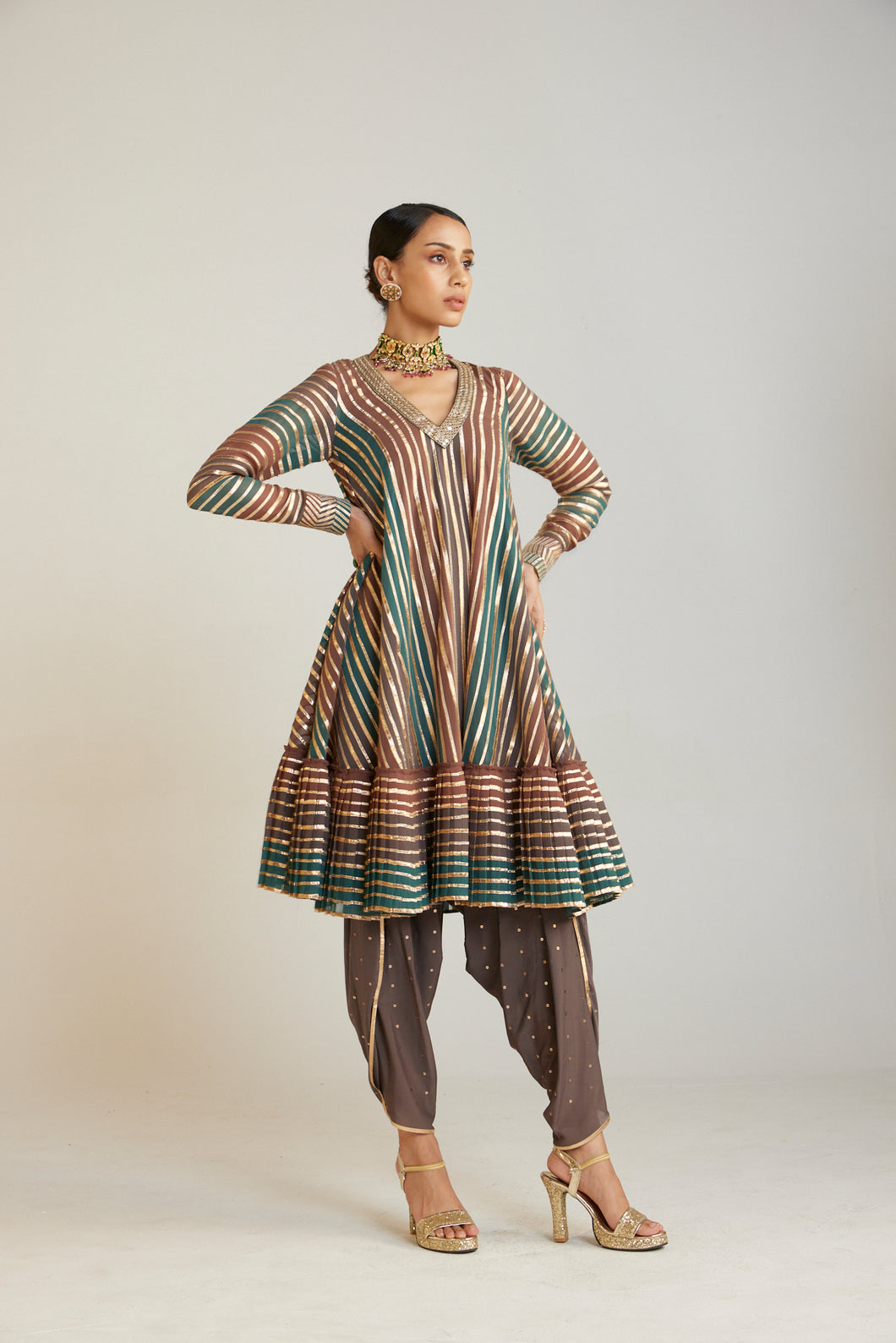 Mud Green V Neck A Line Dhoti Kurta Set