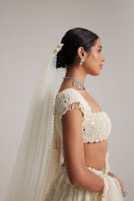 Load image into Gallery viewer, Off White Mirror and Pearl Drop Bridal lehenga set with Veil

