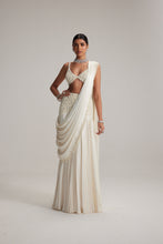 Load image into Gallery viewer, Off White Pearl and Mirror Embroidered satin draped saree set
