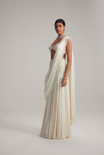 Load image into Gallery viewer, Off White Pearl and Mirror Embroidered satin draped saree set
