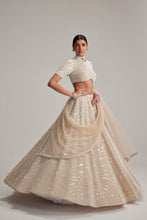 Load image into Gallery viewer, Light Beige Dense mirror and pearl lehenga set with High neck Blouse and Dupatta
