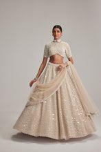 Load image into Gallery viewer, Light Beige Dense mirror and pearl lehenga set with High neck Blouse and Dupatta
