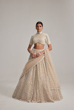 Load image into Gallery viewer, Light Beige Dense mirror and pearl lehenga set with High neck Blouse and Dupatta
