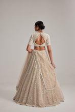 Load image into Gallery viewer, Light Beige Dense mirror and pearl lehenga set with High neck Blouse and Dupatta
