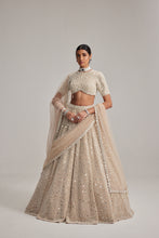 Load image into Gallery viewer, Light Beige Dense Pearl and mirror Lehenga Set with High Neck Blouse, Double Dupatta and Veil
