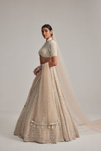 Load image into Gallery viewer, Light Beige Dense Pearl and mirror Lehenga Set with High Neck Blouse, Double Dupatta and Veil

