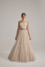 Load image into Gallery viewer, Light Beige Dense mirror and pearl Corset lehenga set
