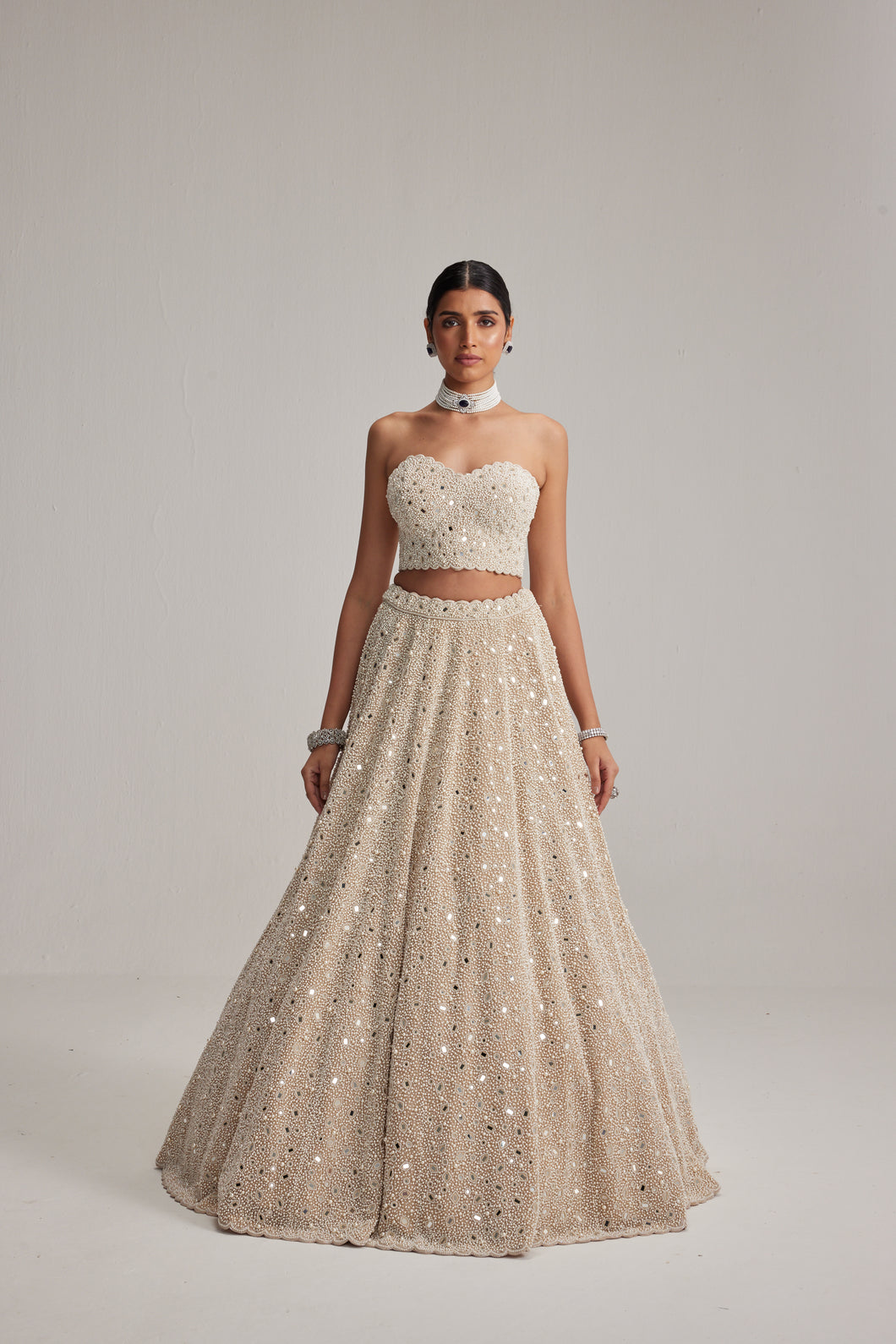 Light Beige Dense mirror and pearl Corset lehenga set