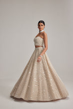 Load image into Gallery viewer, Light Beige Dense mirror and pearl Corset lehenga set

