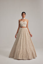 Load image into Gallery viewer, Light Beige Dense mirror and pearl Corset lehenga set
