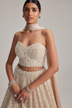 Load image into Gallery viewer, Light Beige mirror and pearl Corset lehenga set With Stole
