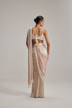 Load image into Gallery viewer, Light Beige mirror and pearl Satin Draped Saree set
