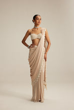 Load image into Gallery viewer, Light Beige mirror and pearl Satin Draped Saree set
