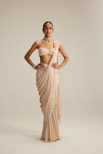 Load image into Gallery viewer, Light Beige mirror and pearl Satin Draped Saree set
