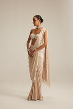 Load image into Gallery viewer, Light Beige mirror and pearl Satin Draped Saree set
