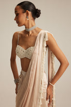 Load image into Gallery viewer, Light Beige mirror and pearl Satin Draped Saree set
