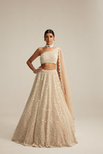 Load image into Gallery viewer, Light Beige Dense mirror and pearl one shoulder lehenga set

