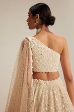 Load image into Gallery viewer, Light Beige Dense mirror and pearl one shoulder lehenga set
