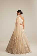 Load image into Gallery viewer, Light Beige Dense mirror and pearl one shoulder lehenga set
