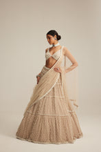 Load image into Gallery viewer, Light Beige Pearl Drop Multi Tier Lehenga Set.
