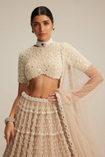 Load image into Gallery viewer, Light Beige Pearl Drop Multi Tier Lehenga With High Neck Blouse Set.
