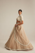 Load image into Gallery viewer, Light Beige High Neck Organza mirror and pearl lehenga set

