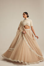 Load image into Gallery viewer, Light Beige High Neck Organza mirror and pearl lehenga set
