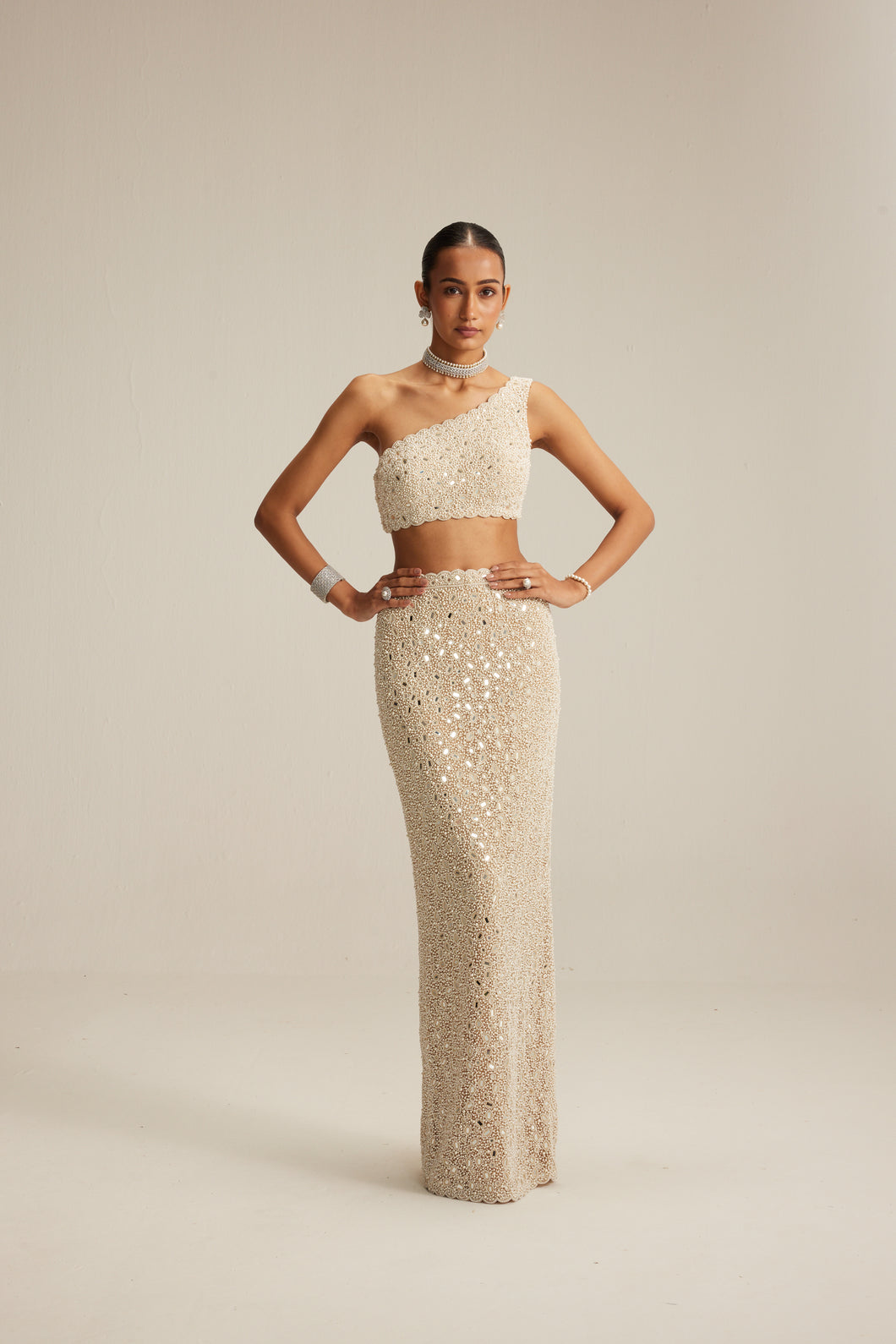 Light Beige One Shoulder Pencil Skirt Set.