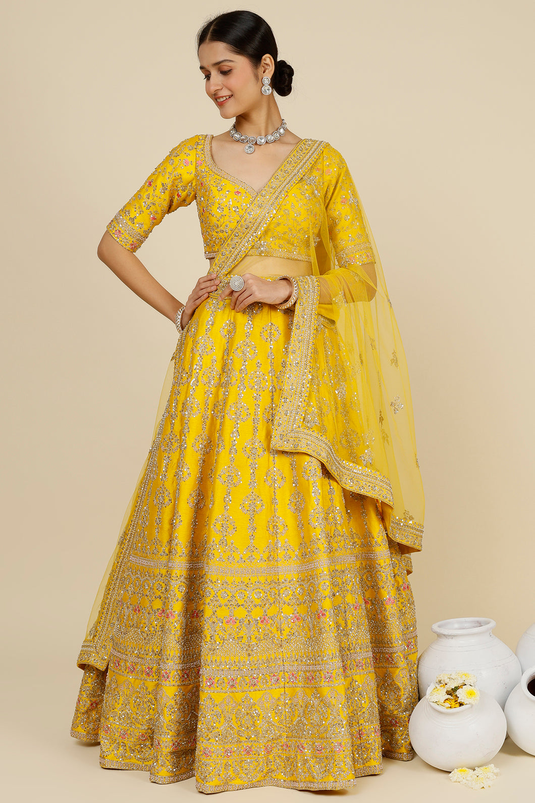 Mustard raw silk sequins and thread embroidered lehenga