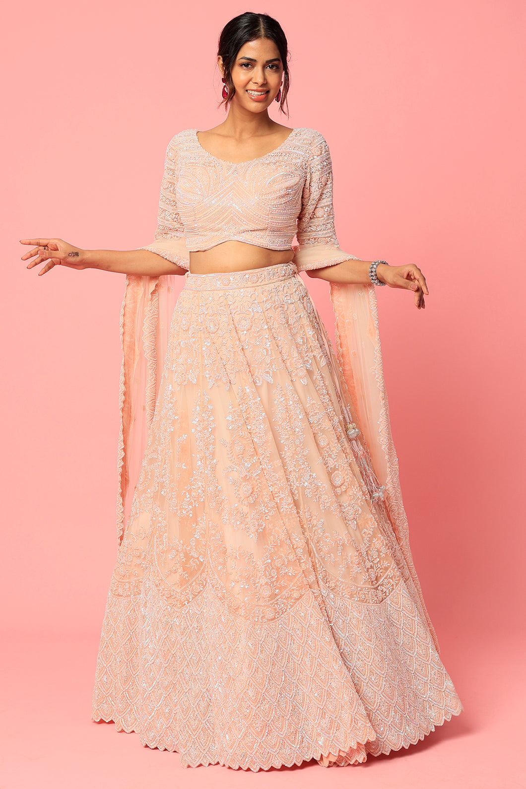Pink organza pearl and cut dana embroidered lehenga