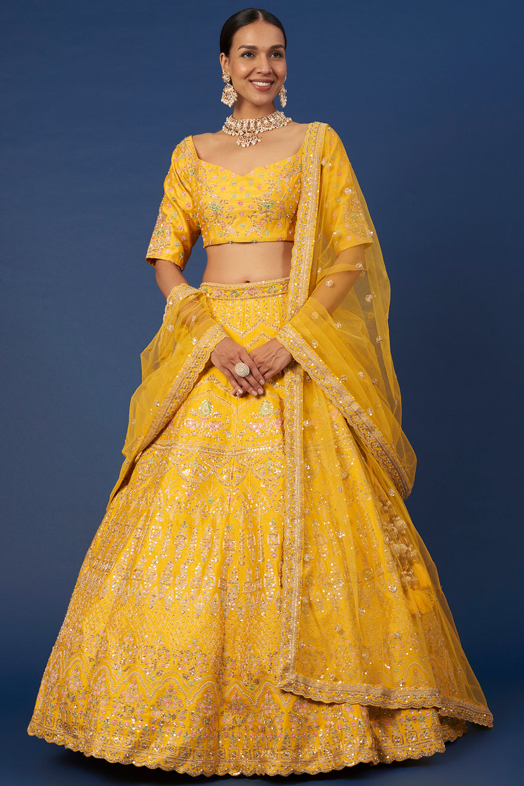 Mustard raw silk sequins and thread embroidered lehenga
