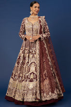 Load image into Gallery viewer, Wine raw silk zardosi embroidered lehenga
