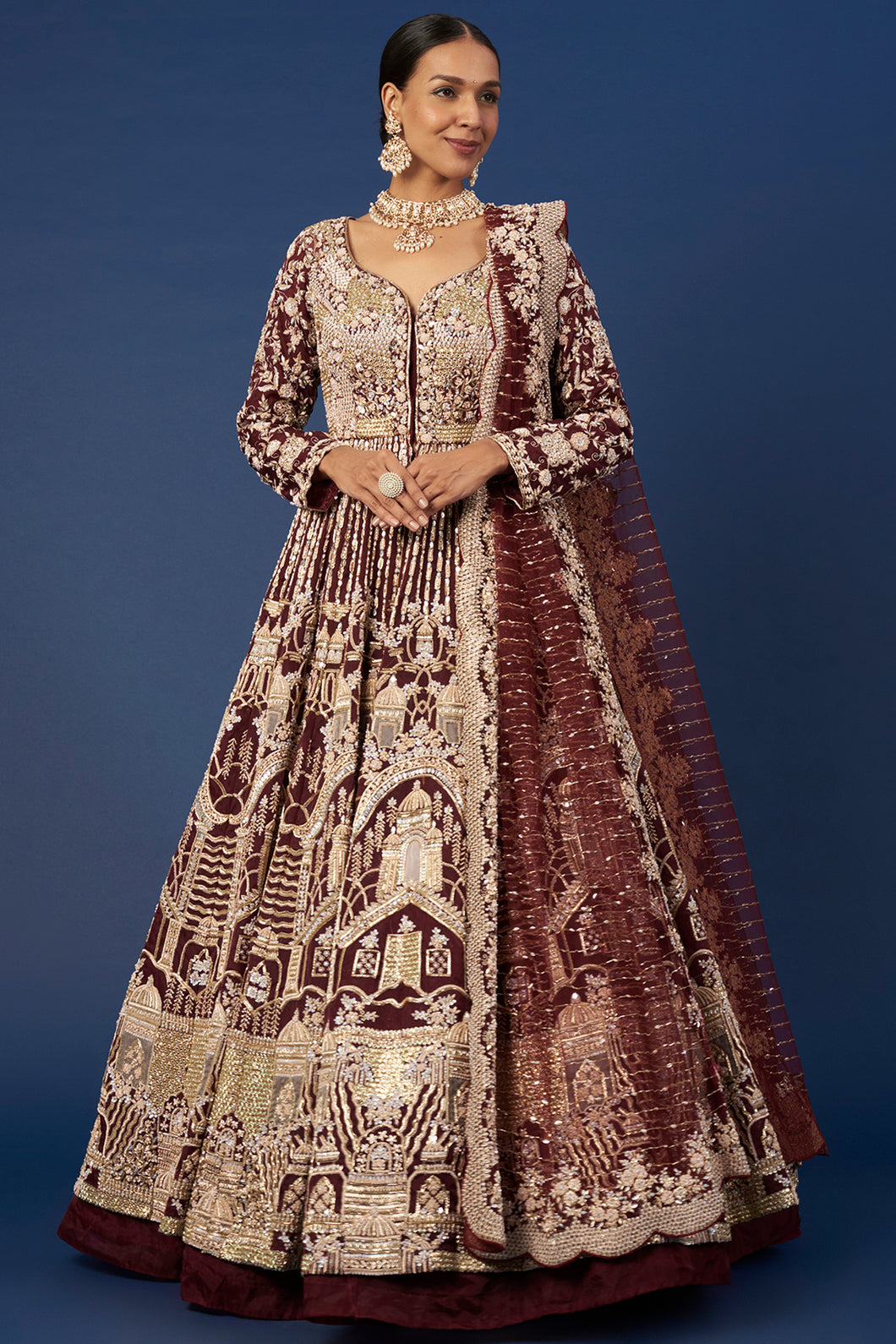Wine raw silk zardosi embroidered lehenga