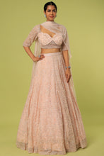 Load image into Gallery viewer, Pink net self on slef cut dana, pearl embroidered lehenga

