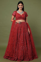 Load image into Gallery viewer, Red net with self on slef work lehenga
