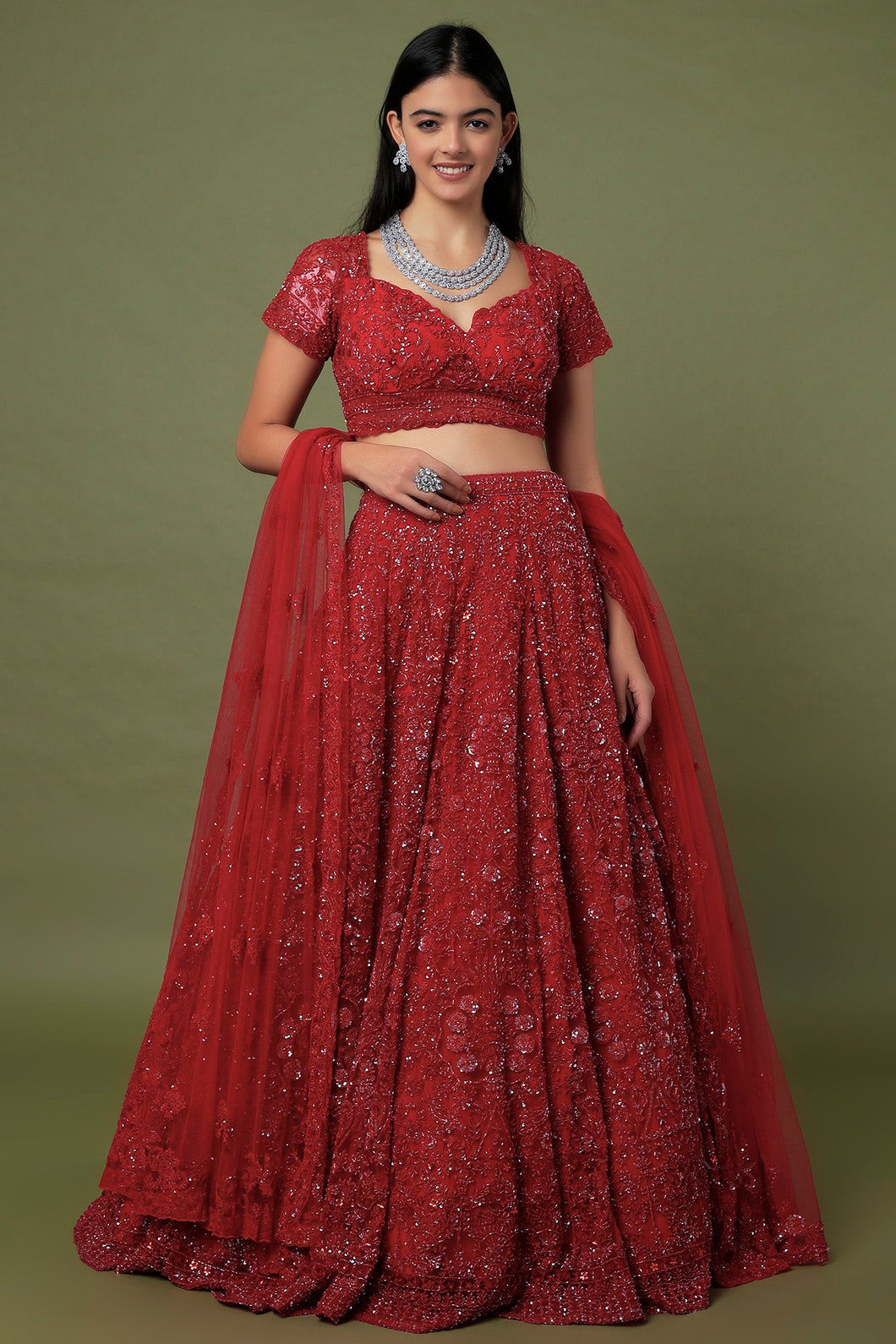 Red net with self on slef work lehenga