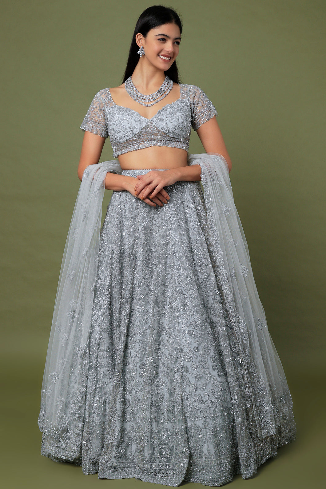 Grey net self on self cut dana embroidered lehenga