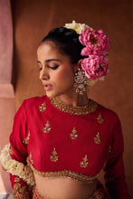 Load image into Gallery viewer, Reddish coral upada silk blouse, lehenga and shimmer tissue dupatta
