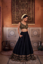 Load image into Gallery viewer, Black and mehendi green embellished blouse, lehenga and dupatta
