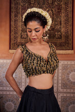 Load image into Gallery viewer, Black and mehendi green embellished blouse, lehenga and dupatta
