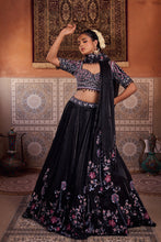 Load image into Gallery viewer, Black glass tissue embroidered blouse, lehenga and dupatta
