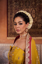 Load image into Gallery viewer, Mustard and raspberry wine upada silk corset, lehenga and organza dupatta
