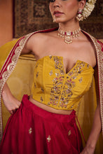 Load image into Gallery viewer, Mustard and raspberry wine upada silk corset, lehenga and organza dupatta
